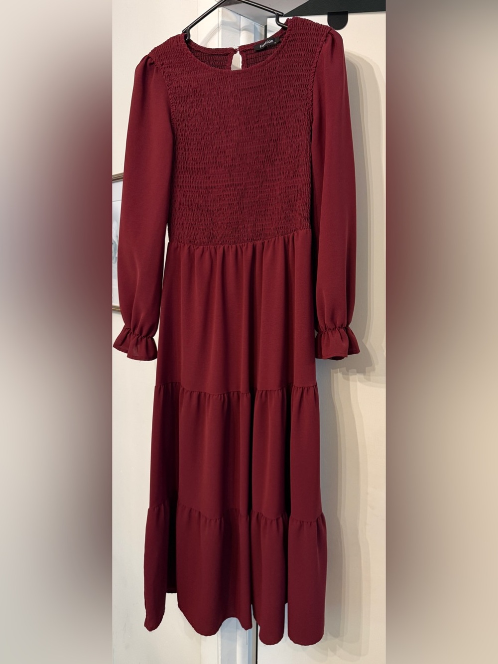 Women’s Smocked Bodice Long Sleeve Midi Dress - Burgundy